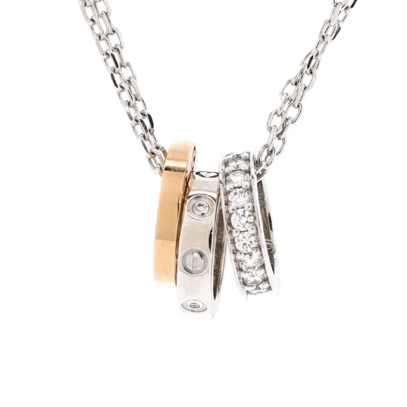 Layered metal necklaces-Love 3 Ring Pendant Necklace 18K Rose Gold and 18K White Gold with Diamonds