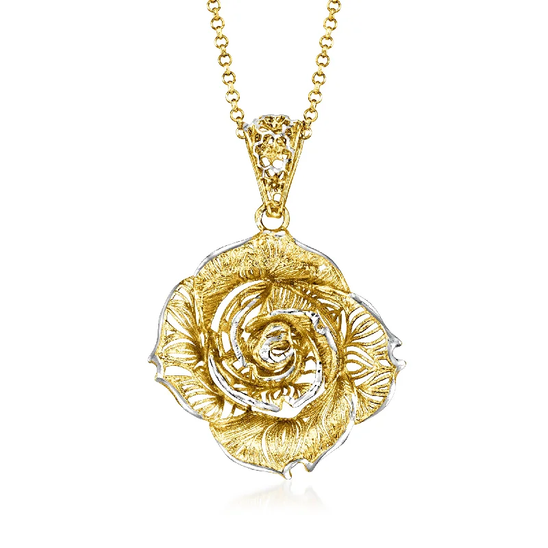 Retro photo necklaces-Ross-Simons Italian Sterling Silver and 18kt Gold Over Sterling Filigree Rose Pendant Necklace