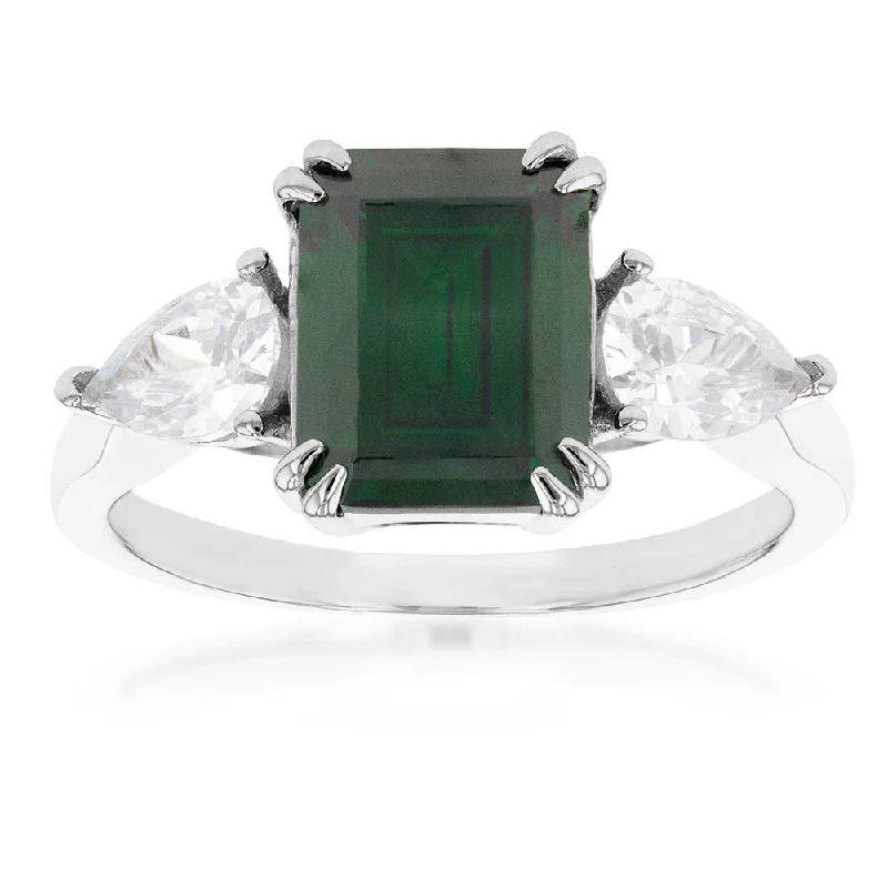 Pure band rings-Sterling Silver Rhodium Plated Green And White Cubic Zirconia Emerald Cut Ring