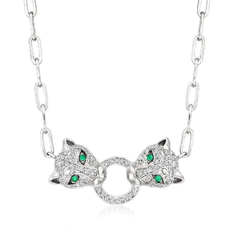 Dull silver necklaces-Ross-Simons Diamond Leopard Paper Clip Link Necklace With Emerald Accents in Sterling Silver