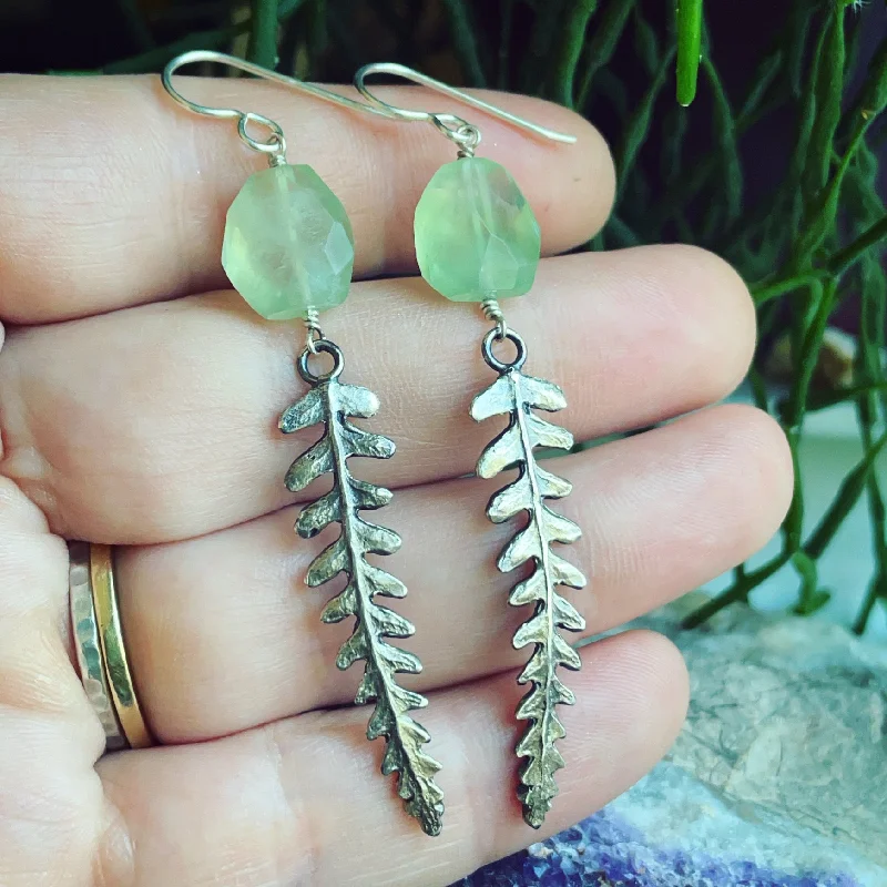 Thin heart earrings-Prehnite and Sterling Silver Fern Earrings