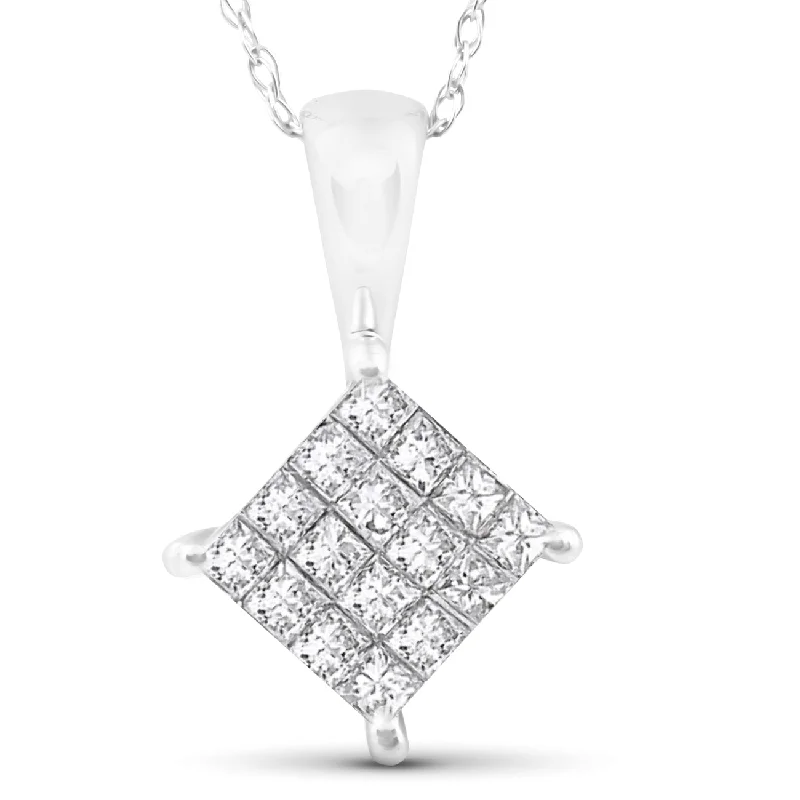 Bead-twisted necklaces-1/2 cttw Princess Cut Pave Diamond Halo Pendant 10K White Gold 5/8" Tall