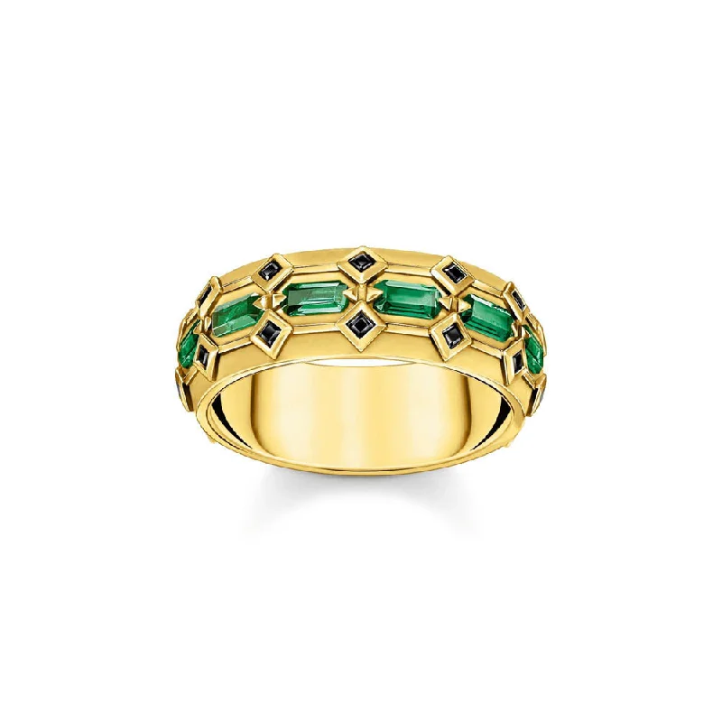 Flat stone rings-Thomas Sabo Yellow Gold Plated Crocodile Rock Green Wide Ring