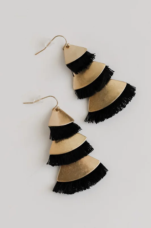 Turquoise slice earrings-Aubrey Black Tiered Fringe Drop Earrings