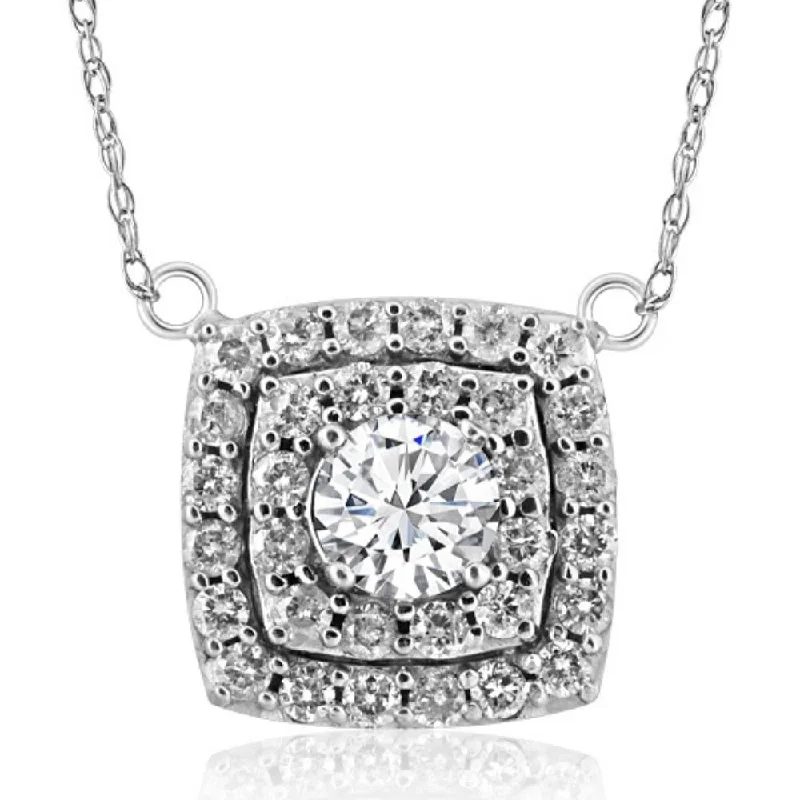 Worn style necklaces-1 1/2 Ct Cushion Double Halo Pendant 14k White Gold 1/2"