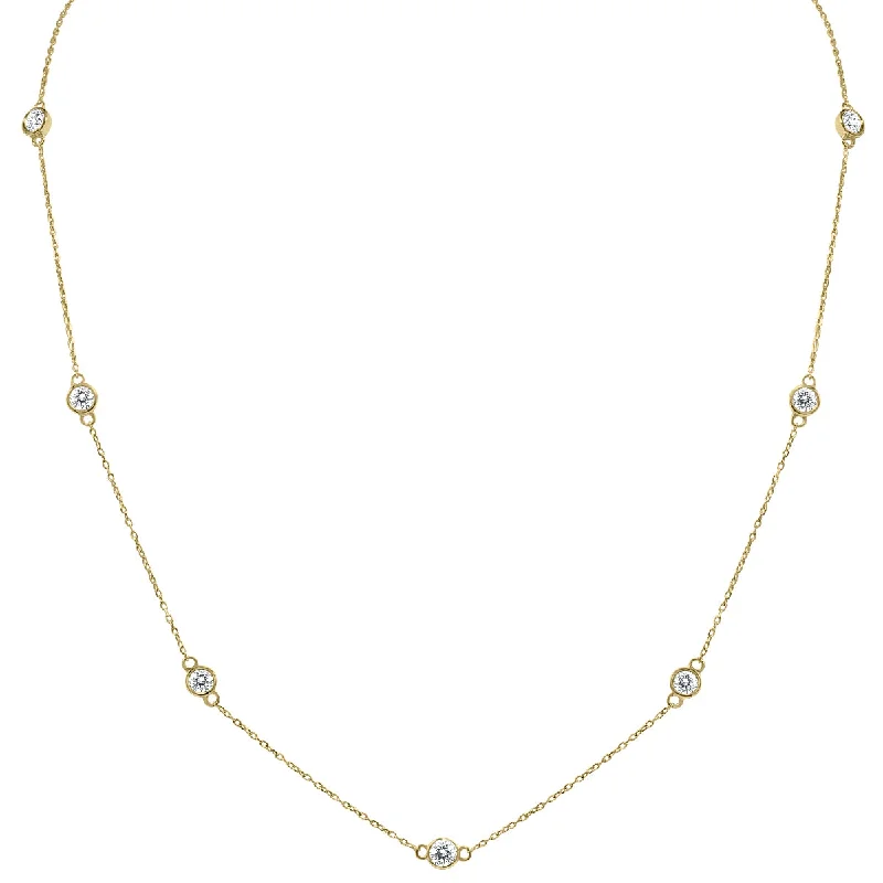 Fold knot necklaces-1 1/2 Carat Tw Bezel Set Diamond Station Necklace In 14K Yellow Gold