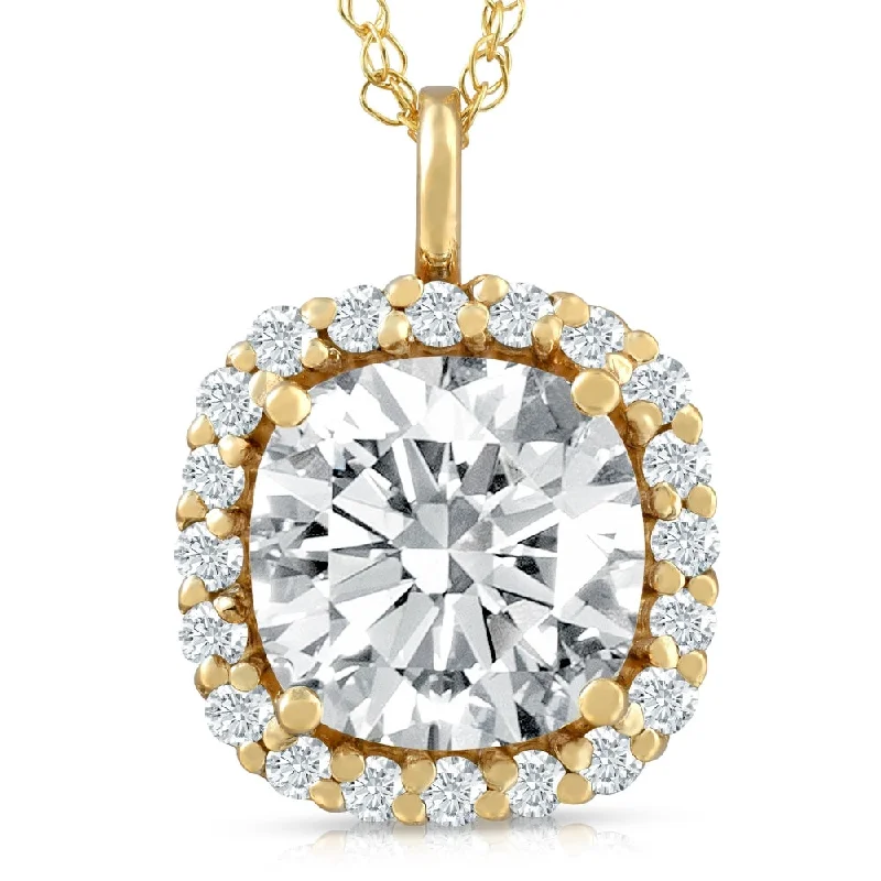 Topaz necklaces-3 5/8 Ct Cushion Moissanite & Lab Grown Diamond Halo Pendant 14k Gold Necklace