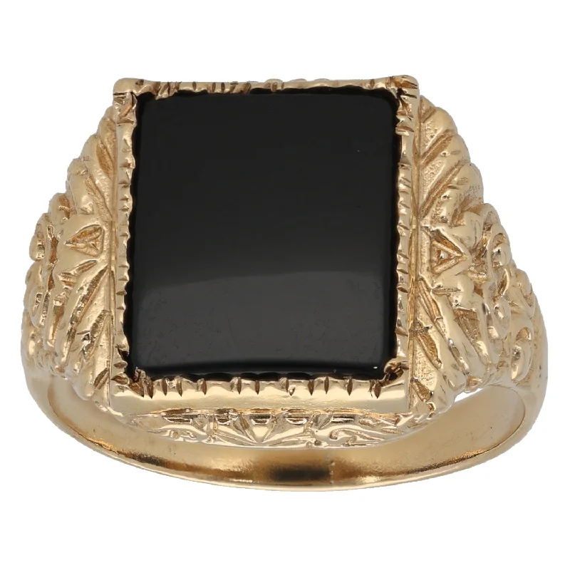 Thin texture rings-9ct Gold Onyx Patterned Signet Ring Size Y