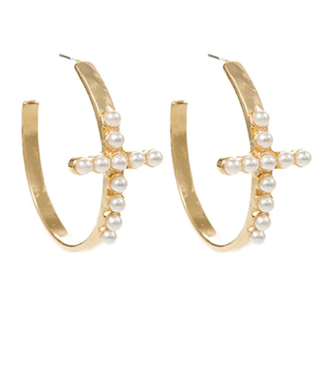 Quirky pair earrings-Pearl Cross Hoop Earrings