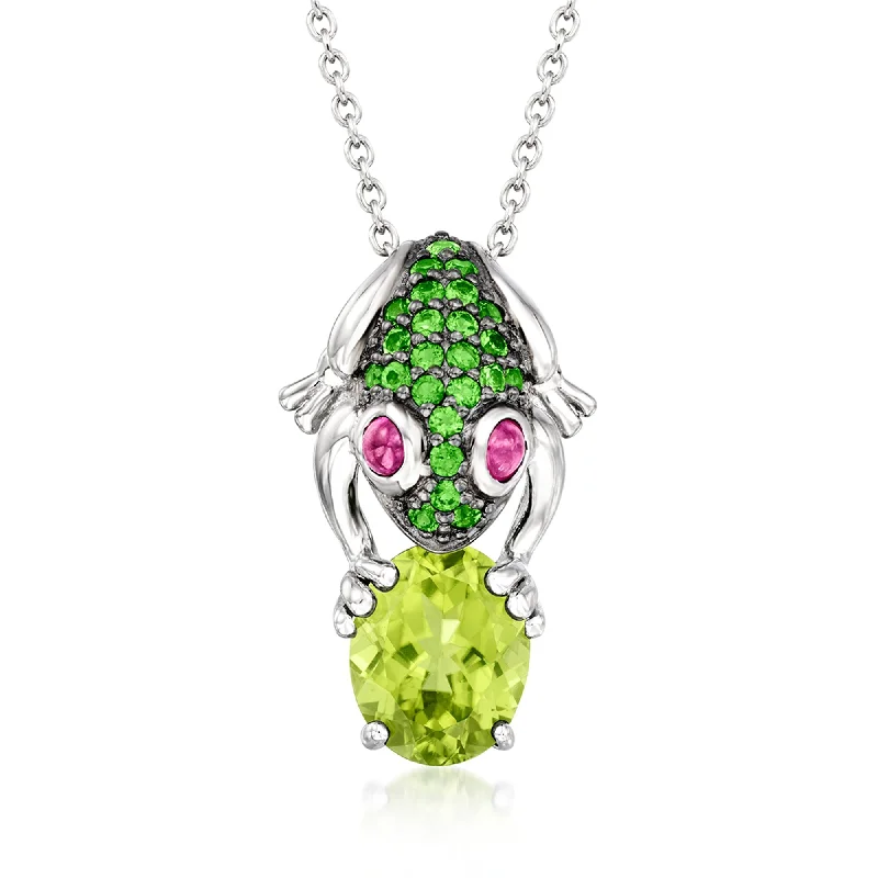 Turquoise stone necklaces-Ross-Simons Peridot and . Ruby Frog Pendant Necklace With . Chrome Diopsides in Sterling Silver