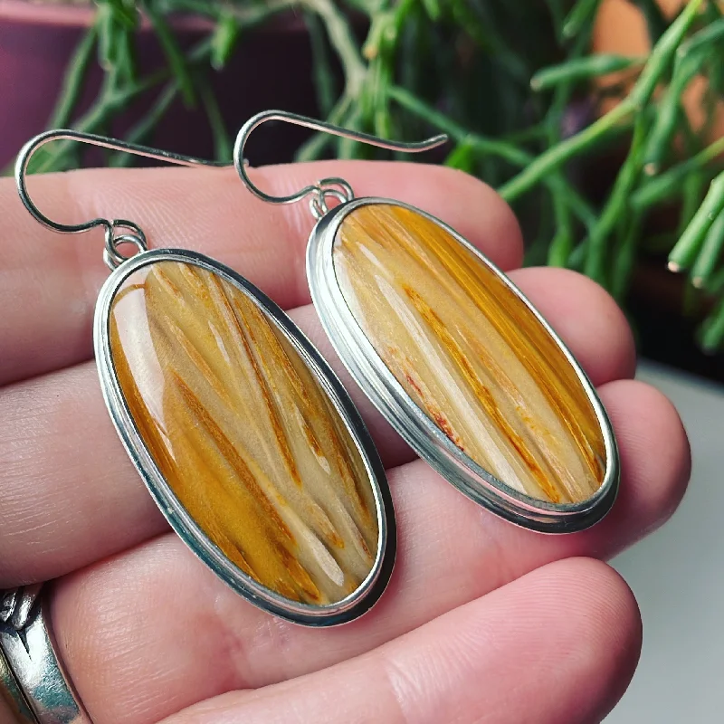 Bent drop earrings-Fossil Palm Wood and Sterling Silver Earrings