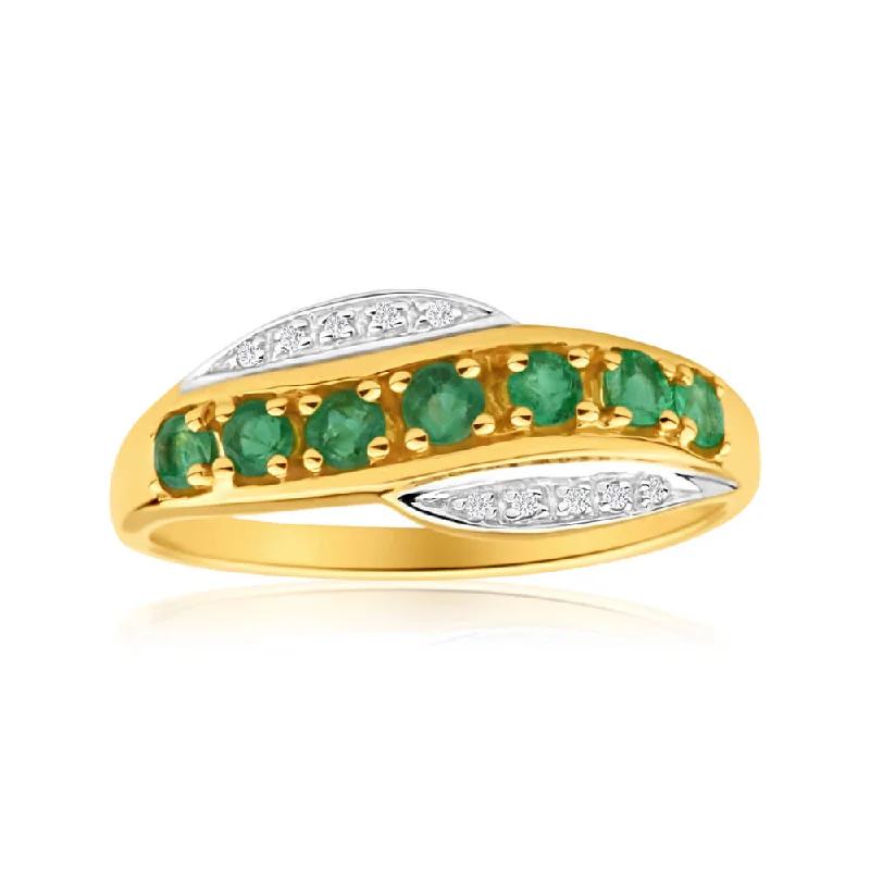 Shiny silver rings-9ct Elegant Yellow Gold Diamond + Emerald Ring