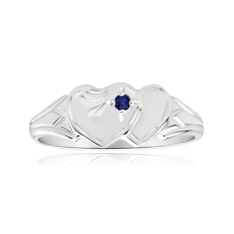 Cool wood rings-Sterling Silver Natural Sapphire 2Heart Signet Ring Size H