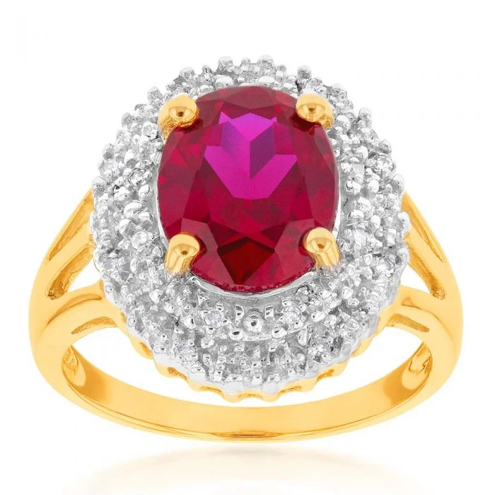 Plaited motif rings-9ct Yellow Gold 8x10mm Created Ruby + Diamond Halo Ring