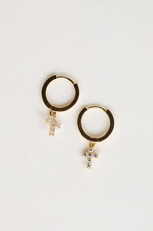 Bloom hoop earrings-Kenna Gold Rhinestone Cross Mini Hoop Earrings