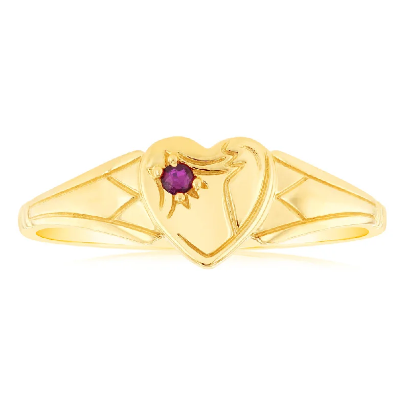 Jade gem rings-Natural Ruby Heart Signet Ring in 9ct Yellow Gold