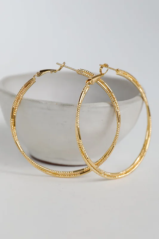 Cord tassel earrings-Lainey Gold Textured Double Hoop Earrings