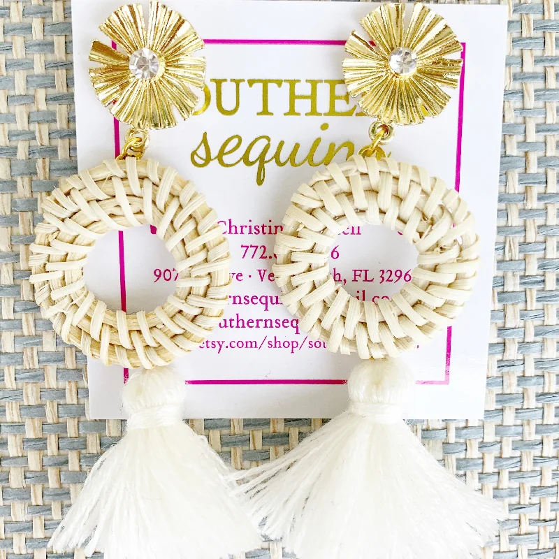 Cord tassel earrings-Gold Post Rattan and Tassel Drop Earrings