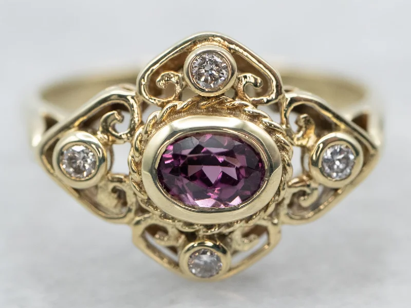 Thick gold rings-Yellow Gold Bezel Set East to West Garnet Ring with Diamond Accents