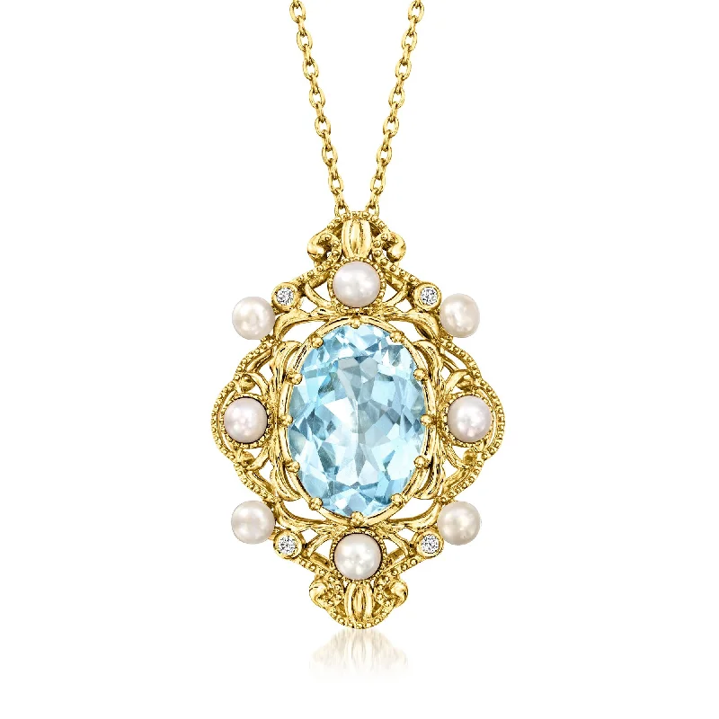 Strong clasp necklaces-Ross-Simons Sky Blue Topaz and 2.5-3.5mm Cultured Pearl Pendant Necklace With White Zircon Accents in 18kt Gold Over Sterling