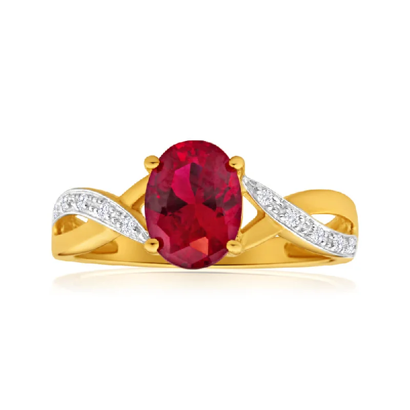 Moon theme rings-9ct Yellow Gold Created Ruby and Diamond Cross Over Ring