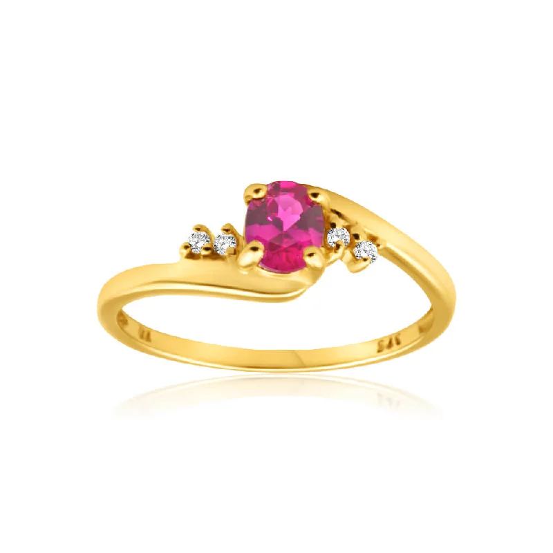 Pure band rings-9ct Yellow Gold Created Ruby + 4 Cubic Zirconia Ring