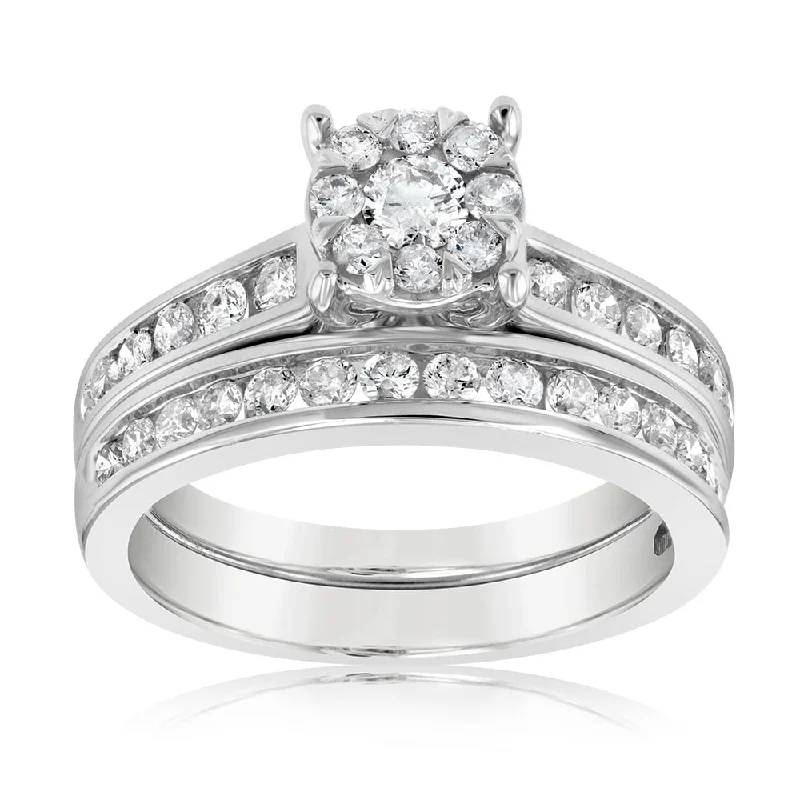 Thin frame rings-9ct White Gold 1 Carat Diamond Bridal Set Ring with Halo Setting