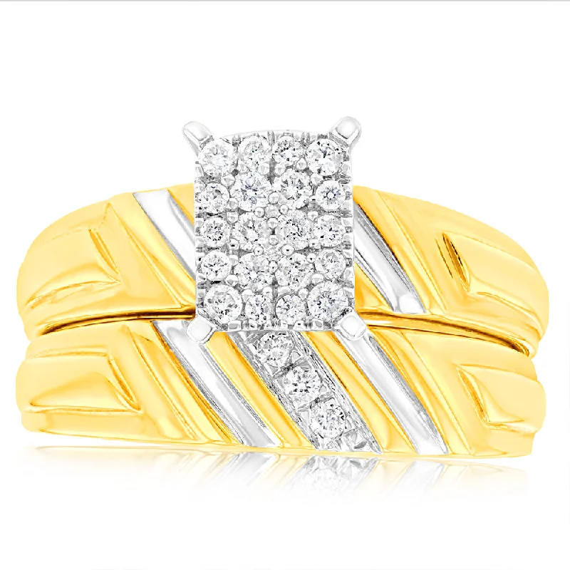 Wide cocktail rings-9ct Yellow Gold 2-Ring Diamond Bridal set with 0.20 Carat of Diamonds