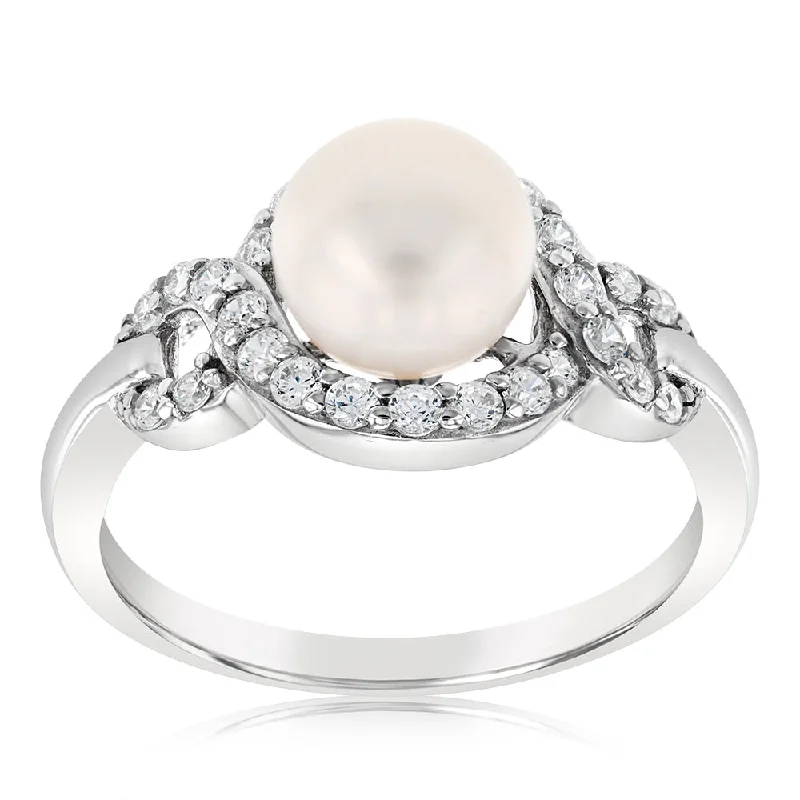 Vivid druzy rings-Sterling Silver Rhodium Plated White Fresh Water Pearl And Cubic Zirconia Ring