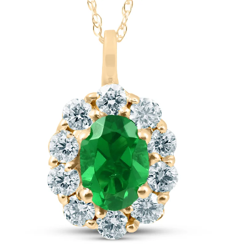 Fluid design necklaces-1 3/4ct Emerald & Genuine Diamond Halo Pendant 14K Yellow Gold