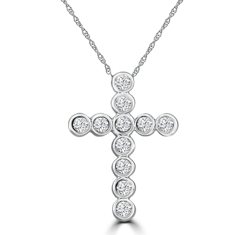 Moon sign necklaces-3/4ct Diamond Bezel Cross Pendant 14K White Gold