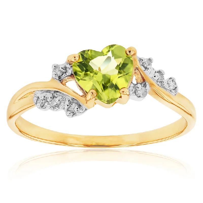 Sapphire inlay rings-9ct Yellow Gold Peridot and Diamond Heart Ring