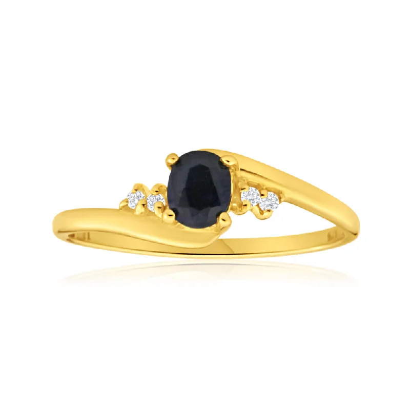 Thick band rings-9ct Yellow Gold Cubic Zirconia + Natural Black Sapphire Ring