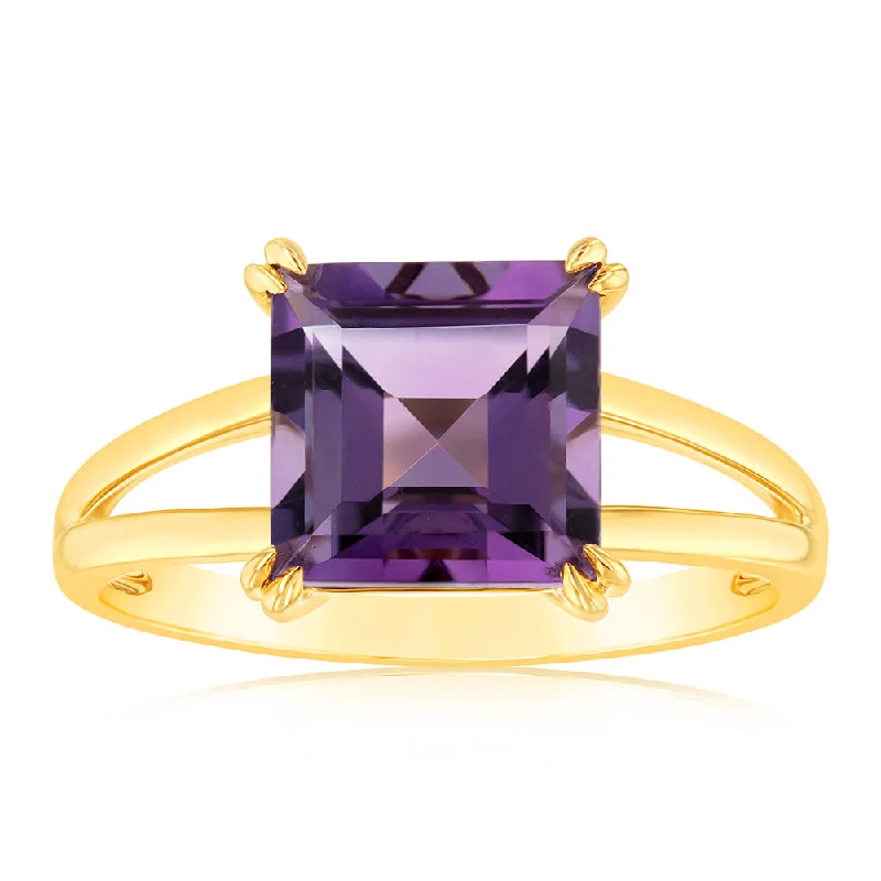 Vivid druzy rings-9ct Yellow Gold Natural Amethyst Ascher Cut Claw Set Ring with Split Shank