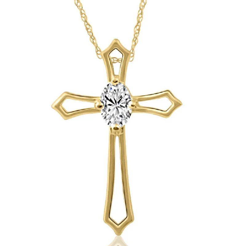 Swirl shape necklaces-1/3 ct Oval Diamond Cross Solitaire Pendant Yellow Gold Necklace (1' tall)