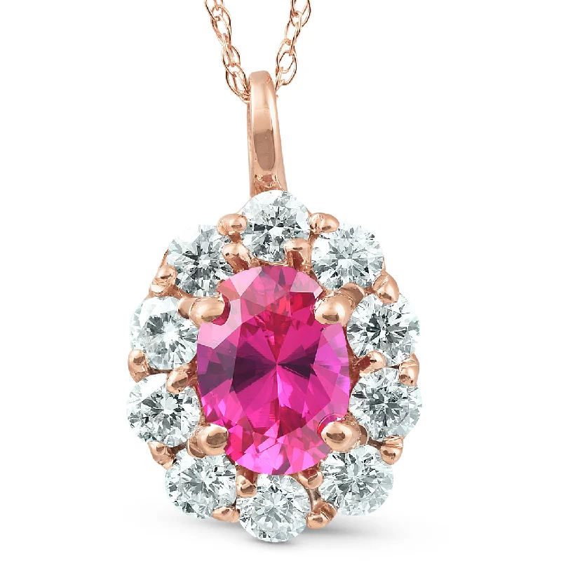 Ten-layer necklaces-1 3/4ct Pink Sapphire & Genuine Diamond Halo Pendant 14K Rose Gold