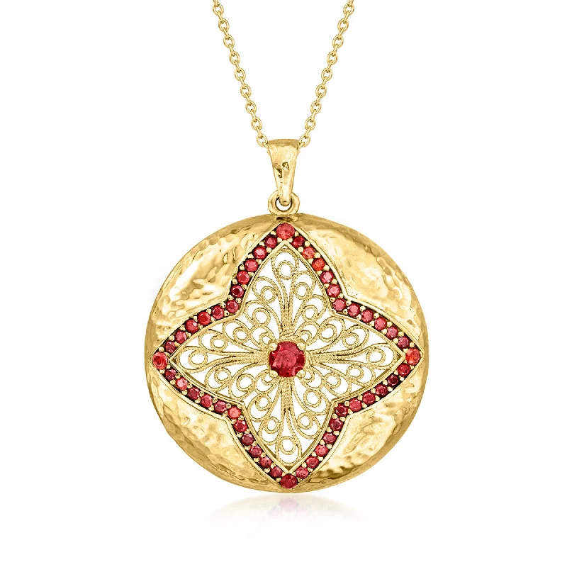 Clean cross necklaces-Ross-Simons Garnet Filigree Pendant Necklace in 18kt Gold Over Sterling