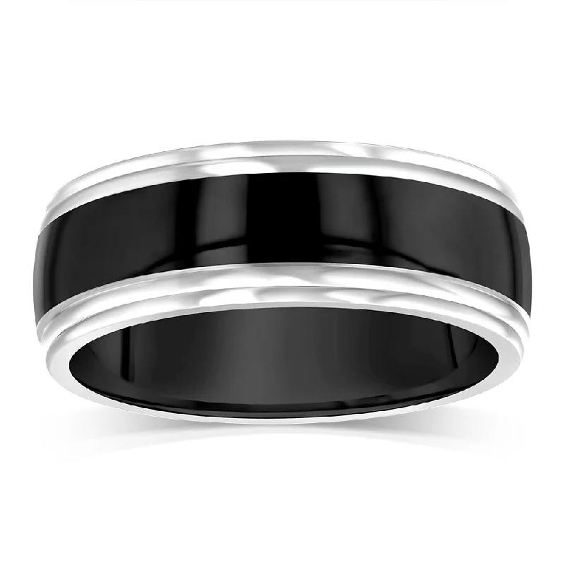 Wide cocktail rings-Stainless Steel Black Stripe Two Tone Ring