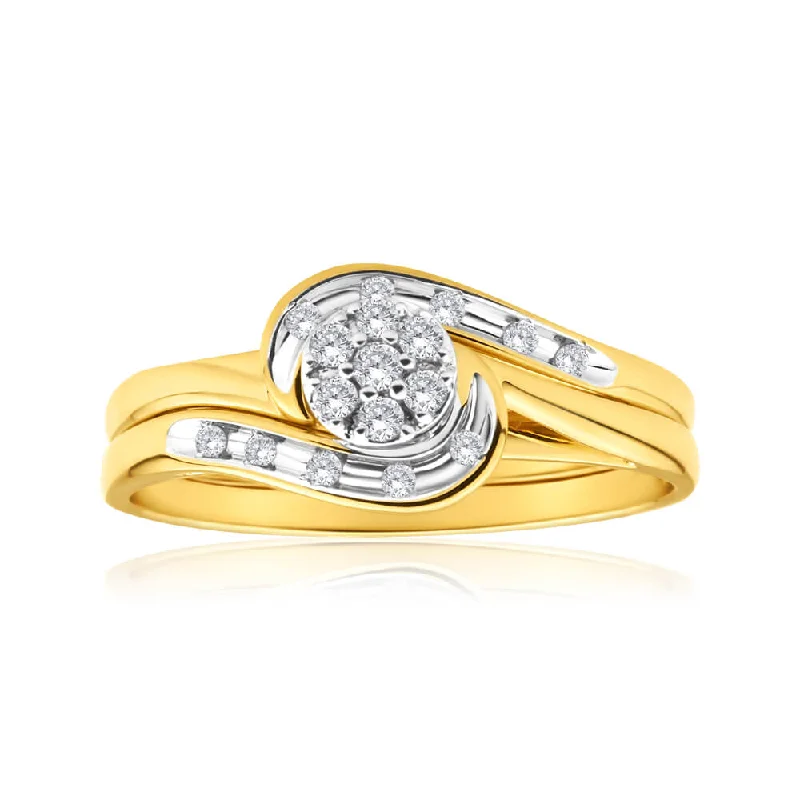 Flat stone rings-9ct Yellow Gold 2 Ring Bridal Set With 0.15 Carats Of Light Champagne Diamonds