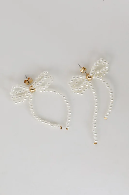 Multi-drop earrings-Annie White Pearl Bow Earrings