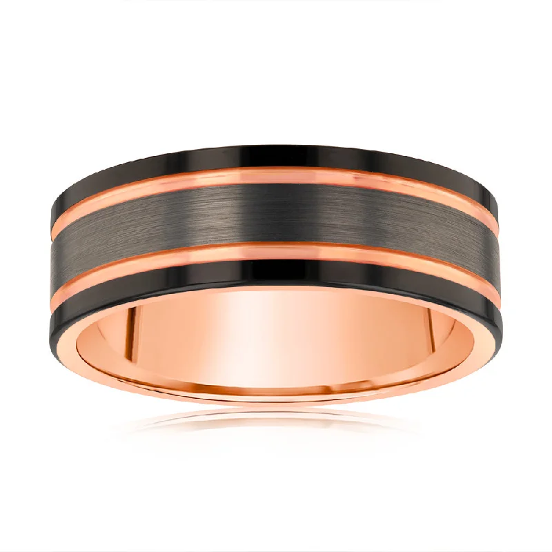 Flat stone rings-Grey And Black Strips 8mm Wide Rose Gold Tungsten Ring