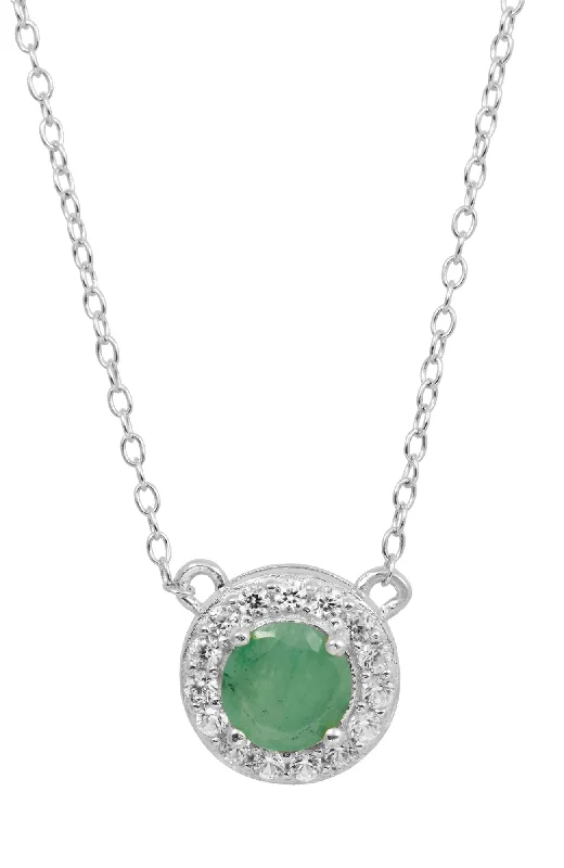 Cultured pearl necklaces-STERLING SILVER NATURAL EMERALD AND WHITE CZ PENDANT NECKLACE