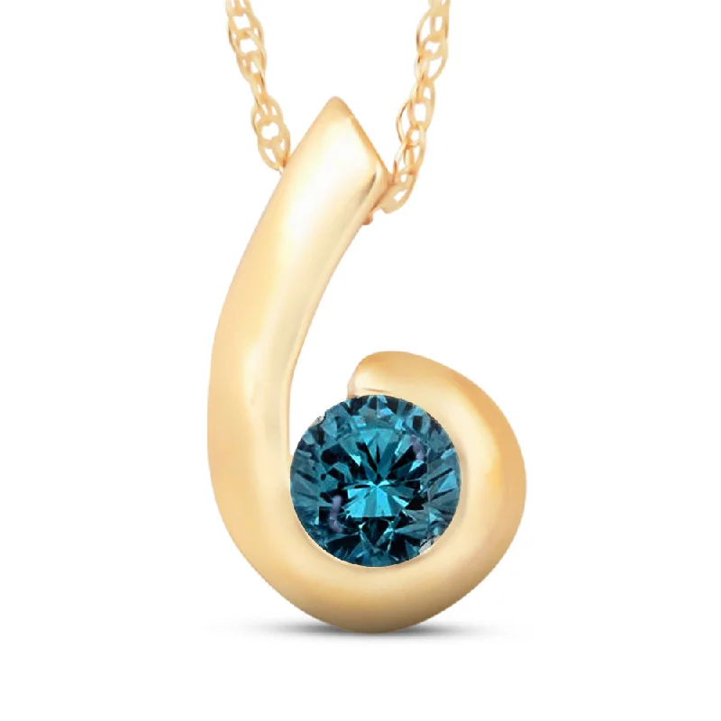 Bright crystal necklaces-1/4ct Yellow Gold Blue Diamond Bezel Solitaire Pendant