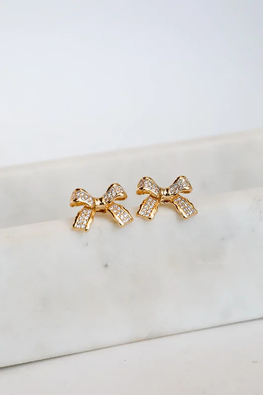 Agate earrings-Nicole Gold Rhinestone Bow Earrings