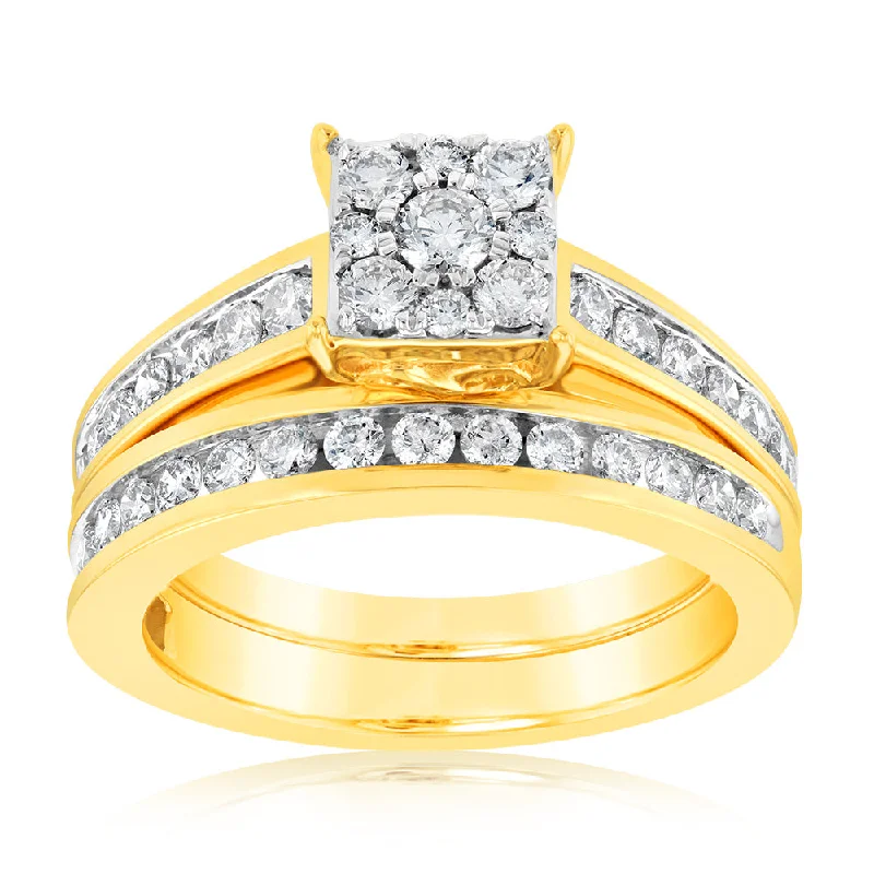 High shine rings-9ct Yellow Gold 1 Carat Diamond Bridal Set Ring with Halo Setting