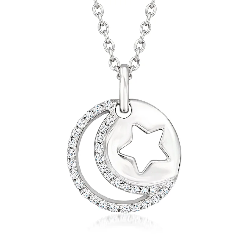 Retro photo necklaces-Ross-Simons Diamond Star and Moon Pendant Necklace in Sterling Silver