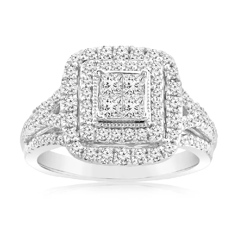 Strong clasp rings-0.95 Carat Diamond Cushion Cluster Ring in 14ct White Gold