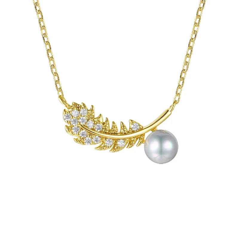 Strong chain necklaces-14k Gold Plated Sterling Silver With Diamond Cubic Zirconia & Faux Pearl Fern Leaf  Necklace