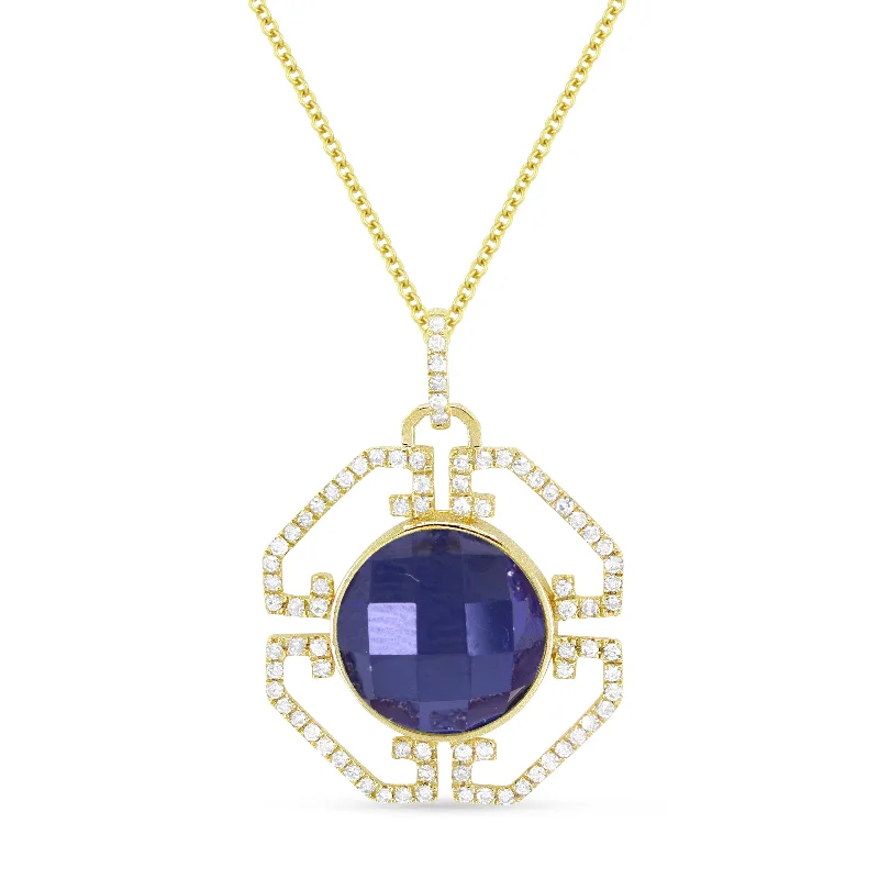 Layered metal necklaces-5.07Ct Created Sapphire 16"pendant Necklace In 14K Yellow Gold