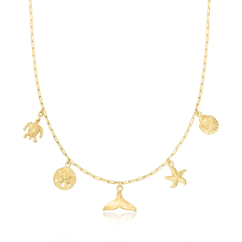 Worn style necklaces-Ross-Simons 18kt Gold Over Sterling Sea Life Charm Paper Clip Link Necklace